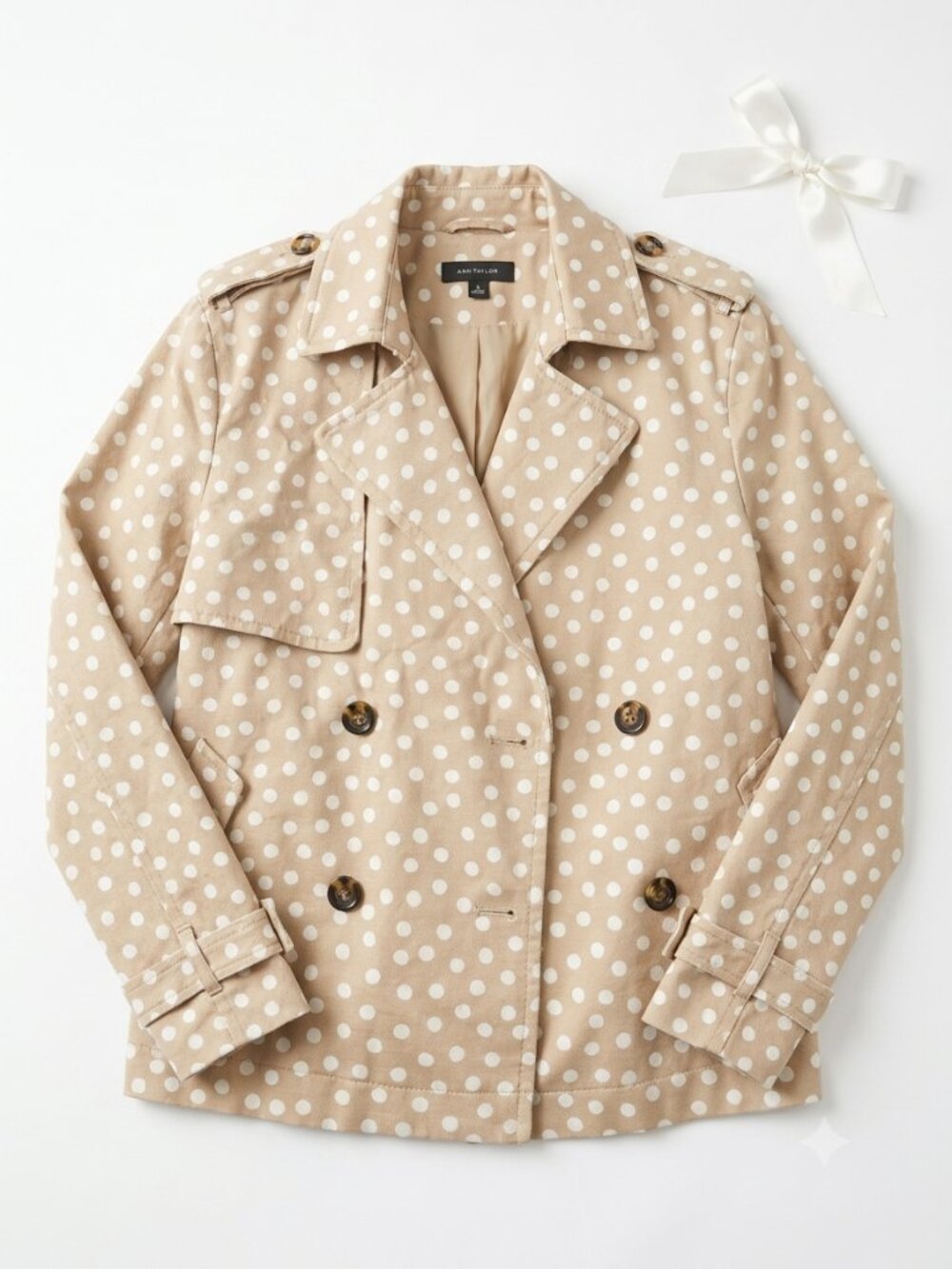 Ann Taylor Polka Dot Double-Breasted Cropped Trench Jacket Beige White – Medium